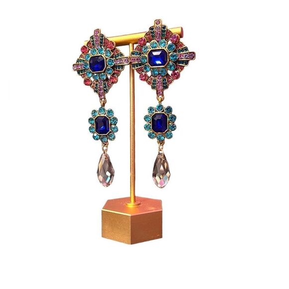 Blue Pink Teal Rhinestone Smokey Crystal Statement Dangle Earrings NWT - Picture 4 of 4